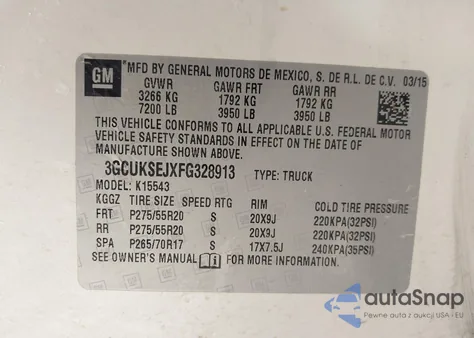 2015 Chevrolet Silverado K1500 Ltz z USA, uszkodzony, nr VIN 3GCUKSEJXFG328913